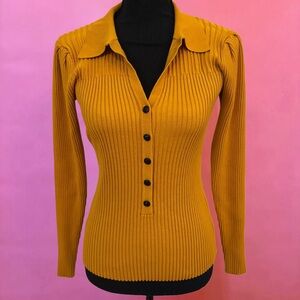 Karl Lagerfeld Paris Yellow Ribbed Collar Button Up Long Sleeve Sweater Top - XS
